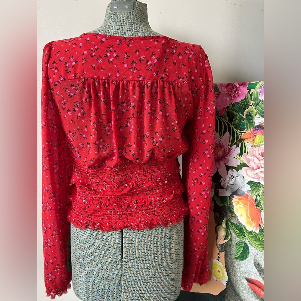 FREE PEOPLE Lolita Red Floral Print Ruffled Crop Top. Sz. L - Picture 5 of 7